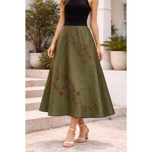 NEW ROHKA Midi Skirt Womens S Green Floral Elastic Waist A-Line  Italian Chic